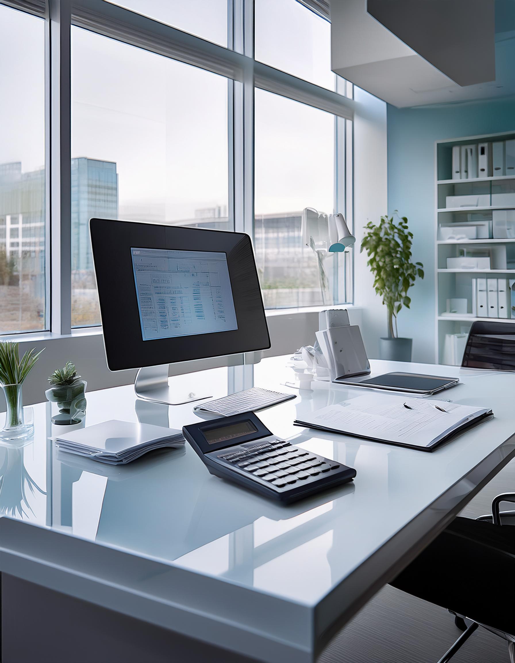 Moderne Steuerberater bei der Arbeit in einem Büro mit Dokumenten und Computern.